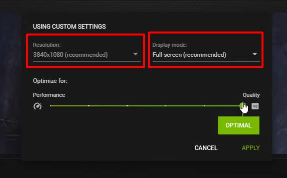 A screenshot showing the custom settings screen in GeForce Experience