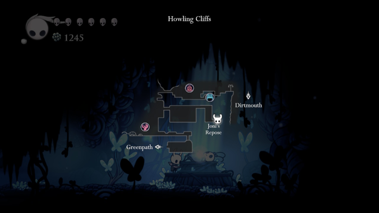 A screenshot with Joni's Blessing charm pinned on the map in Hollow Knight