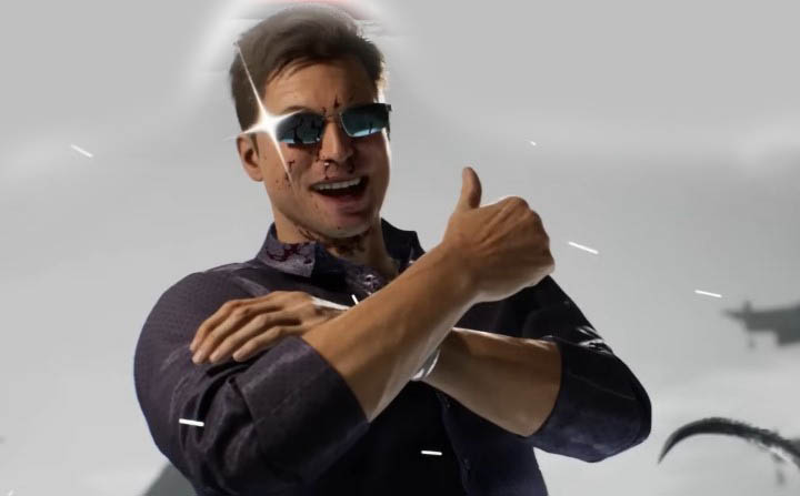 A screenshot of Johnny Cage doing a thumbs up after defeating a foe