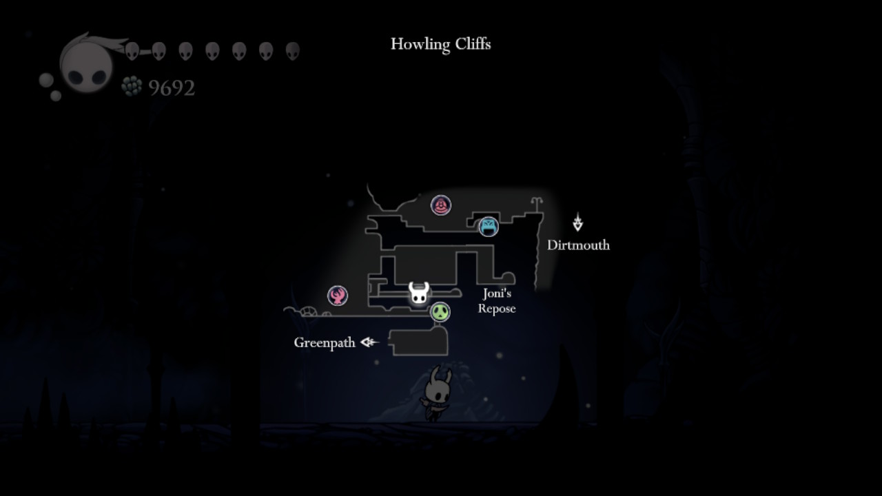 A screenshot with the Howling Cliffs pinned on the Hollow Knight map