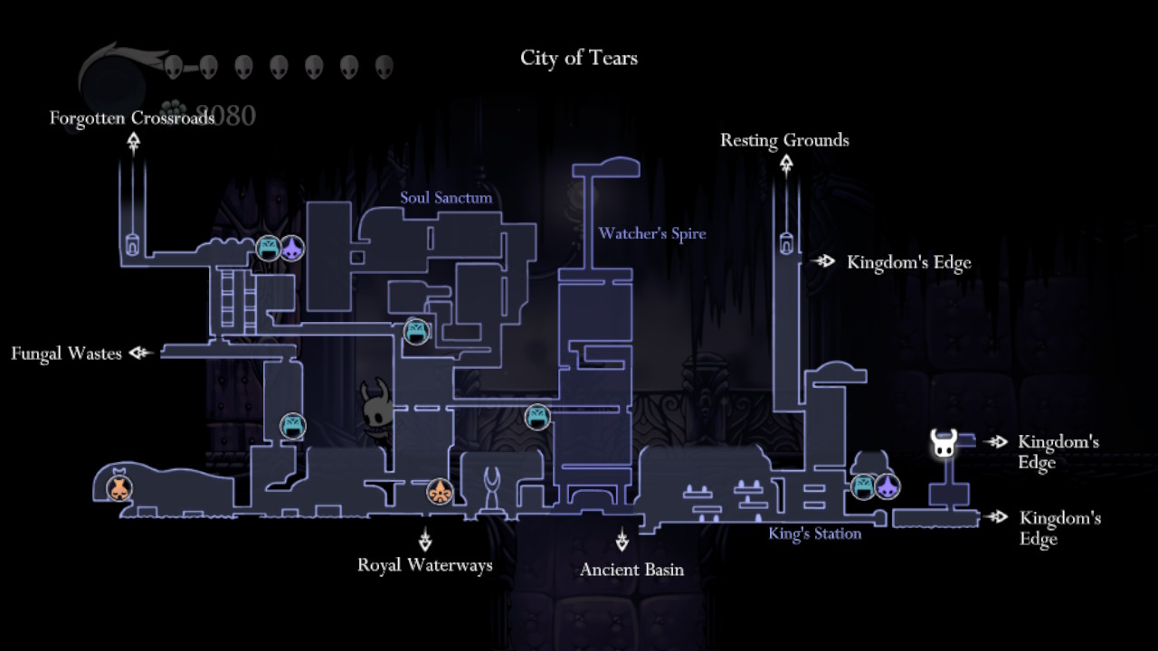 A screenshot with the Tower of Love pinned on the map in Hollow Knight