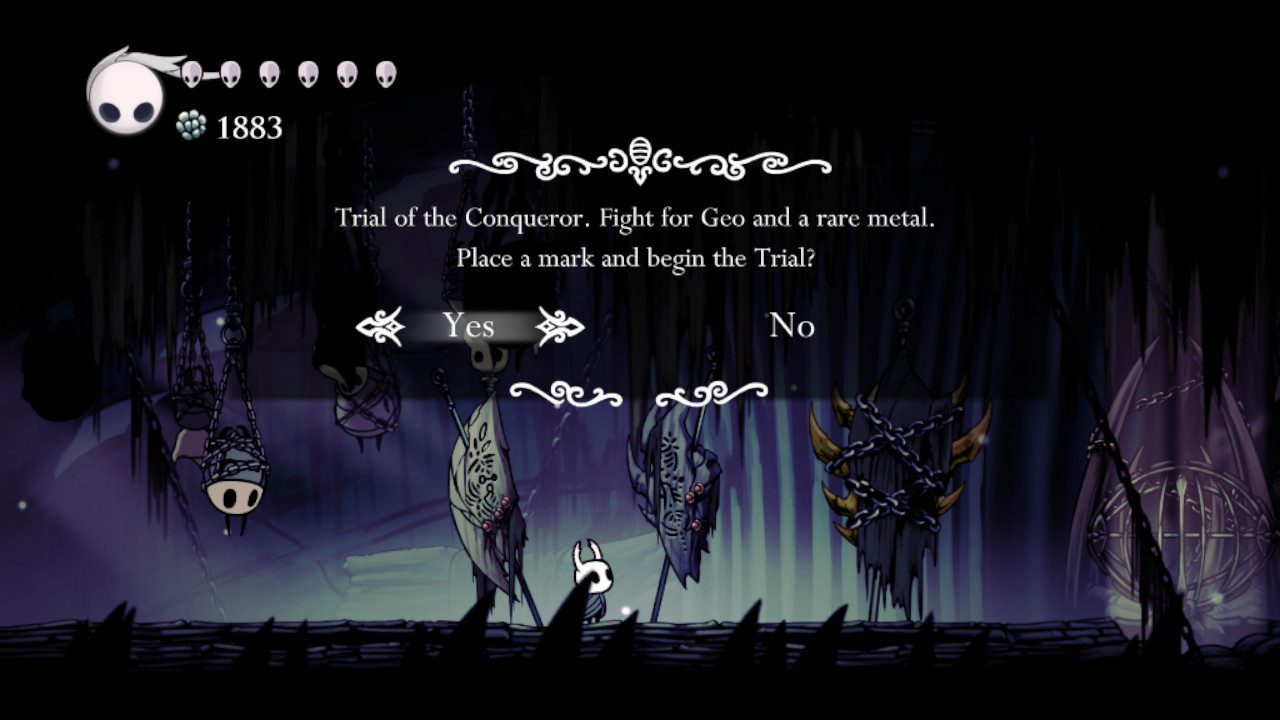 A screenshot showing the Trial of the Conqueror in Hollow Knight