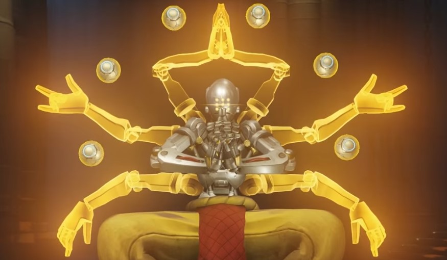 A screenshot showing Zenyatta using his alternate fire ability in Overwatch 2