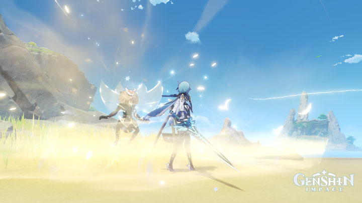 A screenshot showing Eula fighting a monster in Genshin Impact