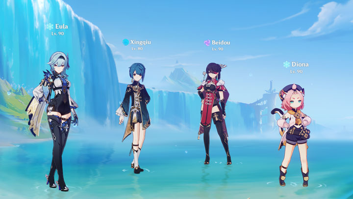 A screenshot showing Eula, Xingqiu, Beidou, and Diona in Genshin Impact