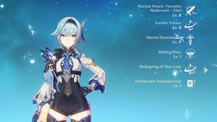 A screenshot showing Eula with her talents list in Genshin Impact
