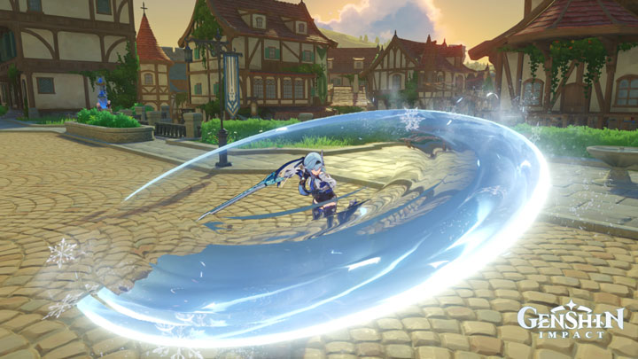 A screenshot showing Eula's elemental skill: Icetide Vortex