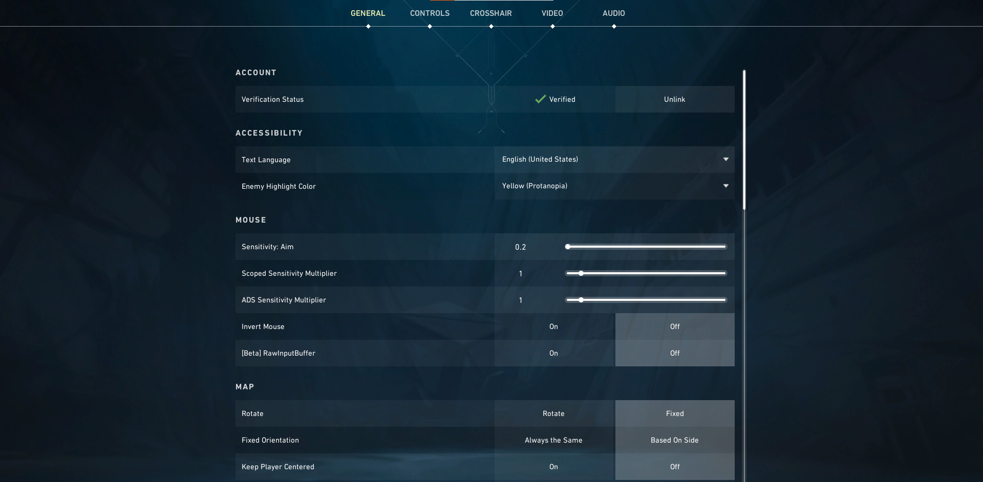 A screenshot showing the Settings menu in Valorant