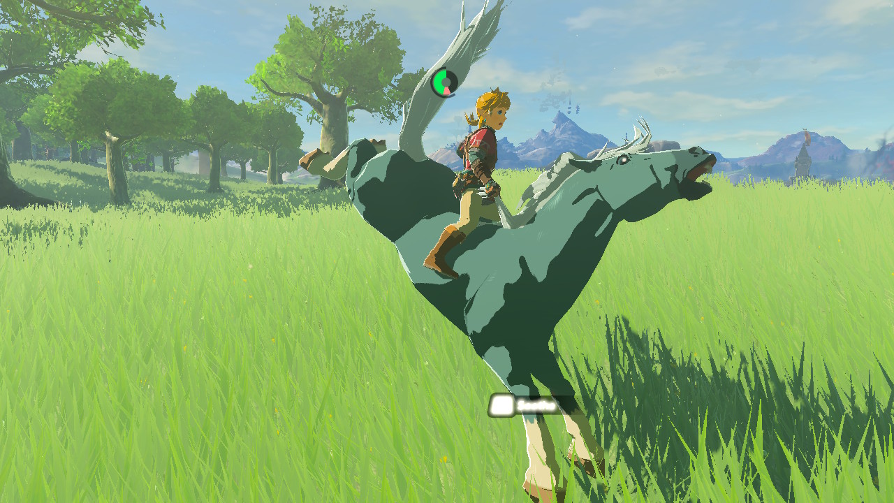 A screenshot of Link trying to tame a horse in Tears of the Kingdom