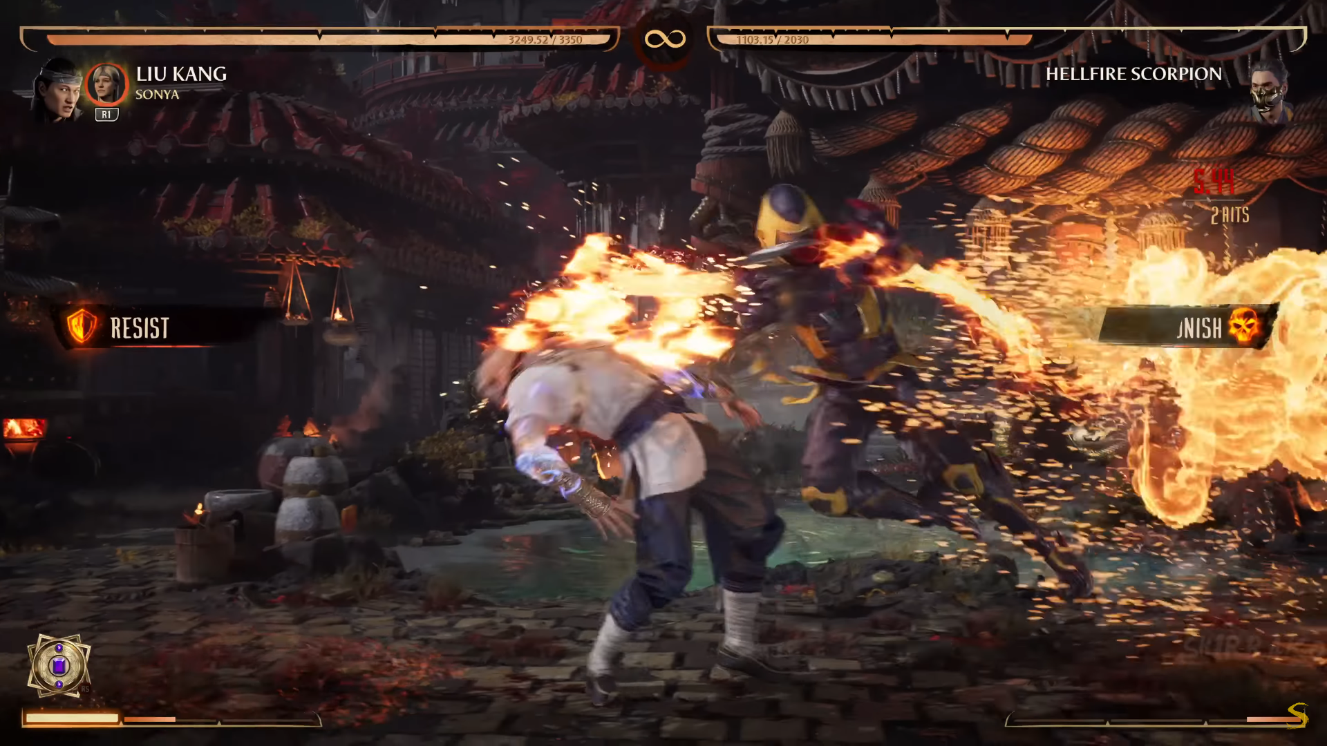 A screenshot of the Hellfire Scorpion boss fight in Mortal Kombat 1. 