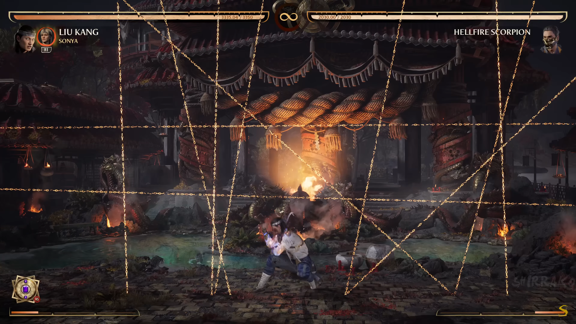 A screenshot of phase 3 of the Hellfire Scorpion boss fight in Mortal Kombat 1.
