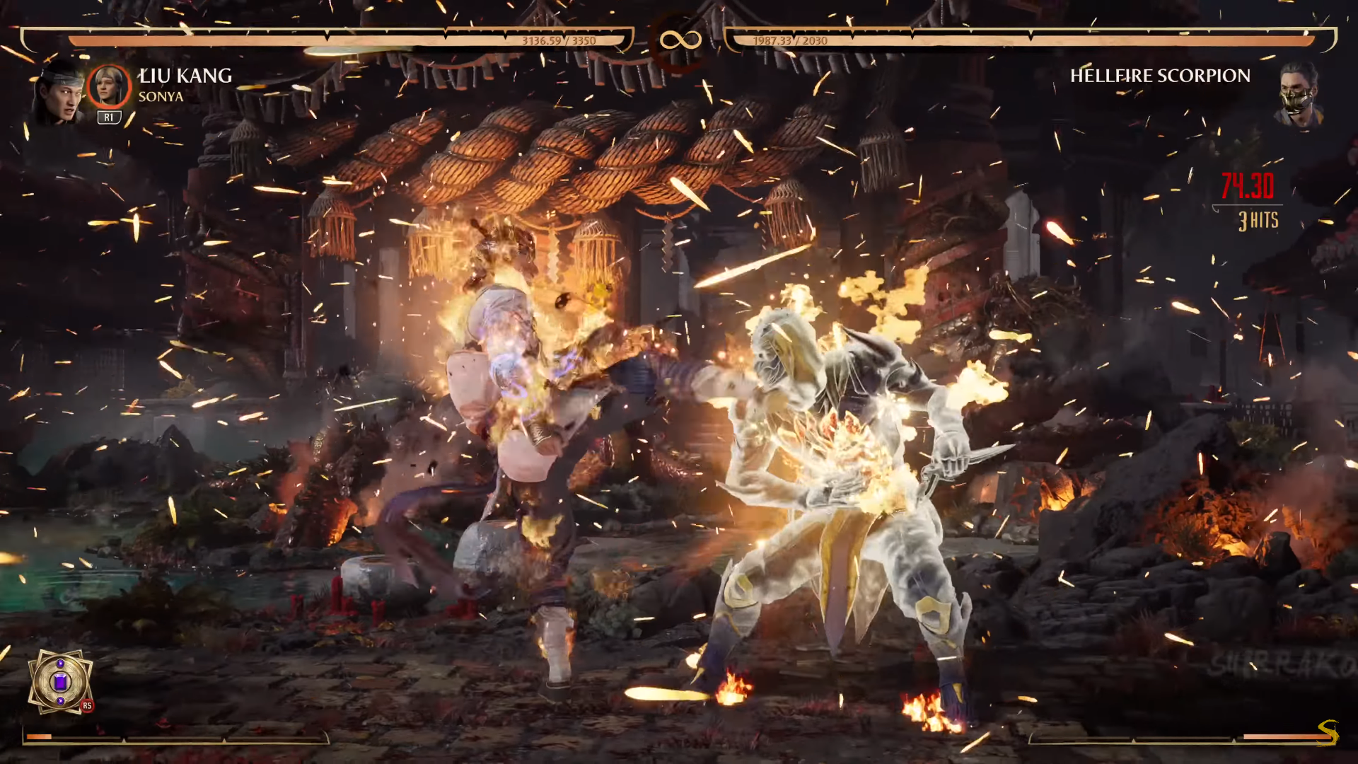 A screenshot of the final phase of the Hellfire Scorpion boss fight in Mortal Kombat 1 Invasion Mode. 