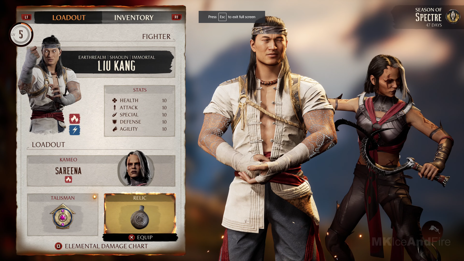 A screenshot of Liu Kang and Kameo Sereena in Mortal Kombat 1 Season 1 Invasion Mode. 