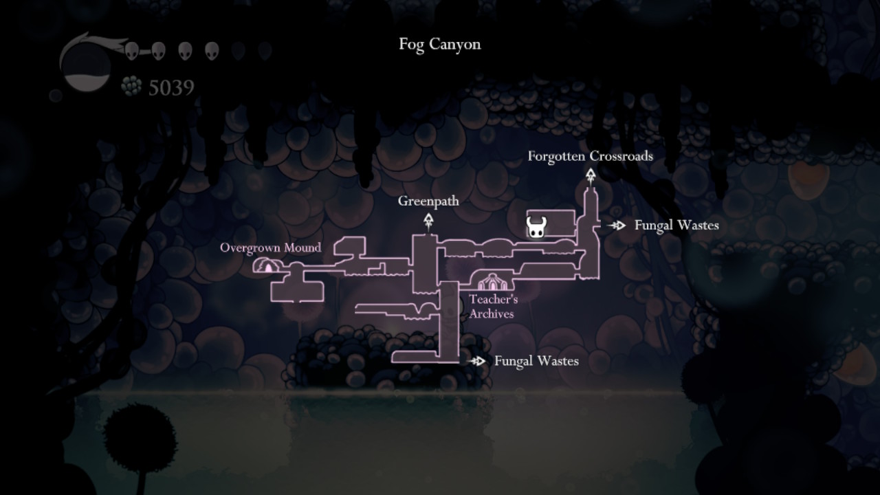 A screenshot showing the Fog Canyon on the Hollow Knight map