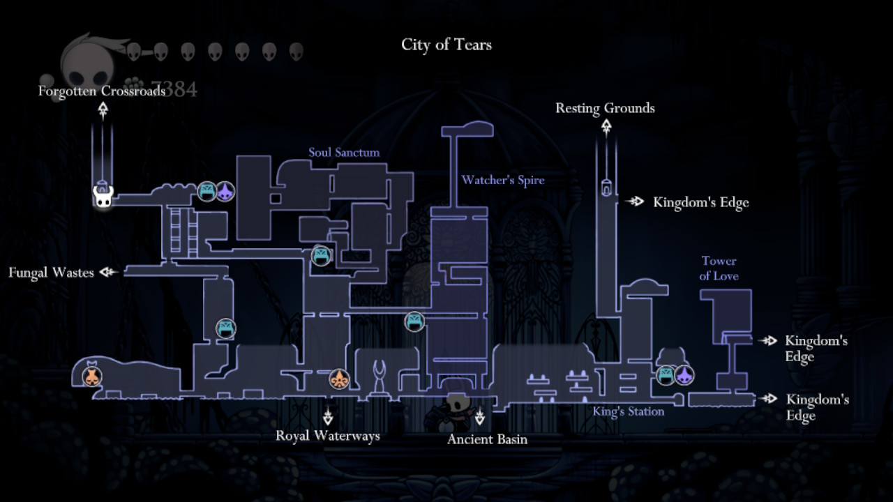 Screenshot of the map of the City of Tears with the location of the exit to the Forgotten Crossroads pinned.