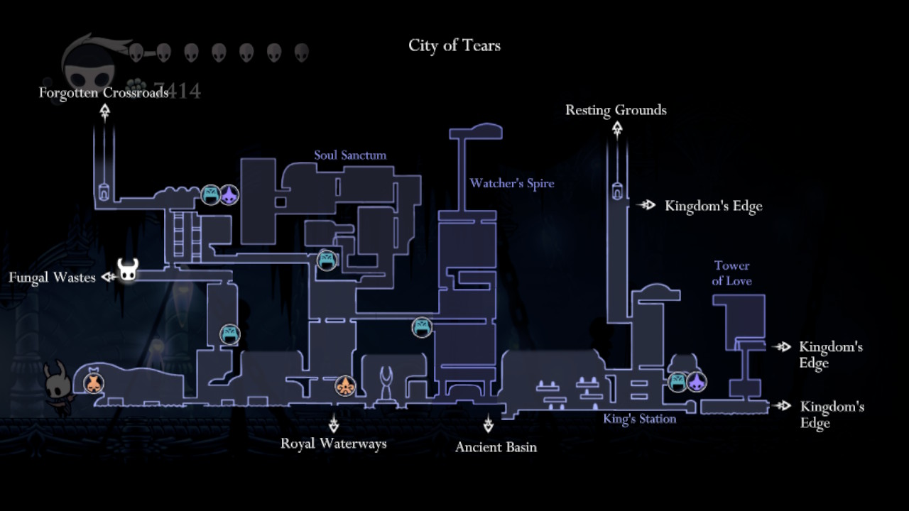 Screenshot of the map of the City of Tears with the location of the exit to Fungal Wastes pinned.
