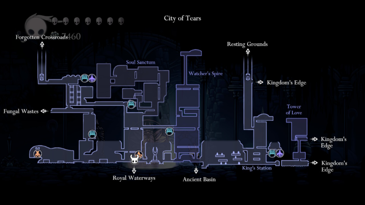 Screenshot of the map of the City of Tears with the location of the exit to the Royal Waterways pinned.