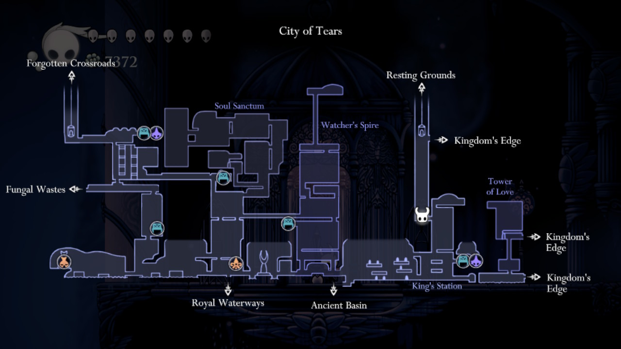 Screenshot of the map of the City of Tears with the location of the exit to the Resting Grounds pinned.