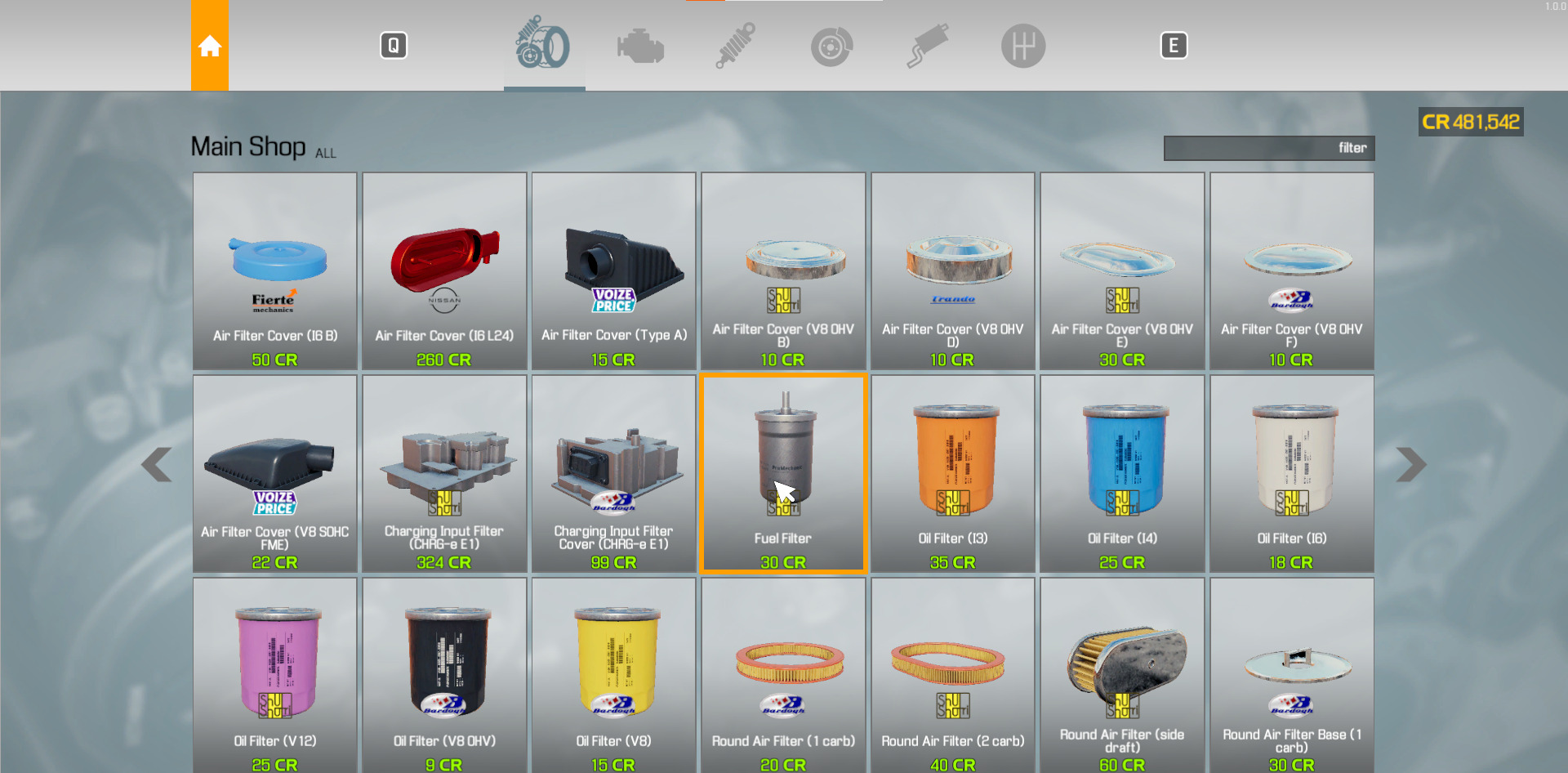 Find a new fuel filter in the parts shop through the computer in your garage in Car Mechanic Simulator. 