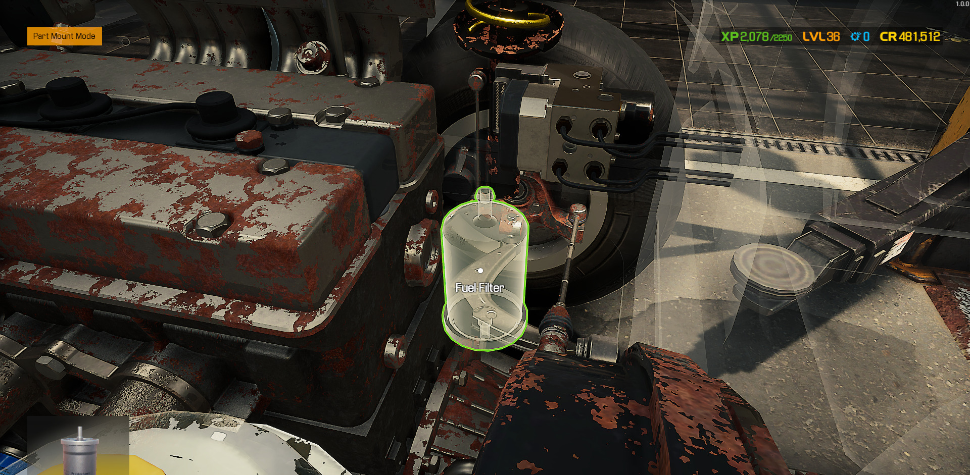 A screenshot showing the Fuel Filter being mounted into an engine in Car Mechanic Simulator