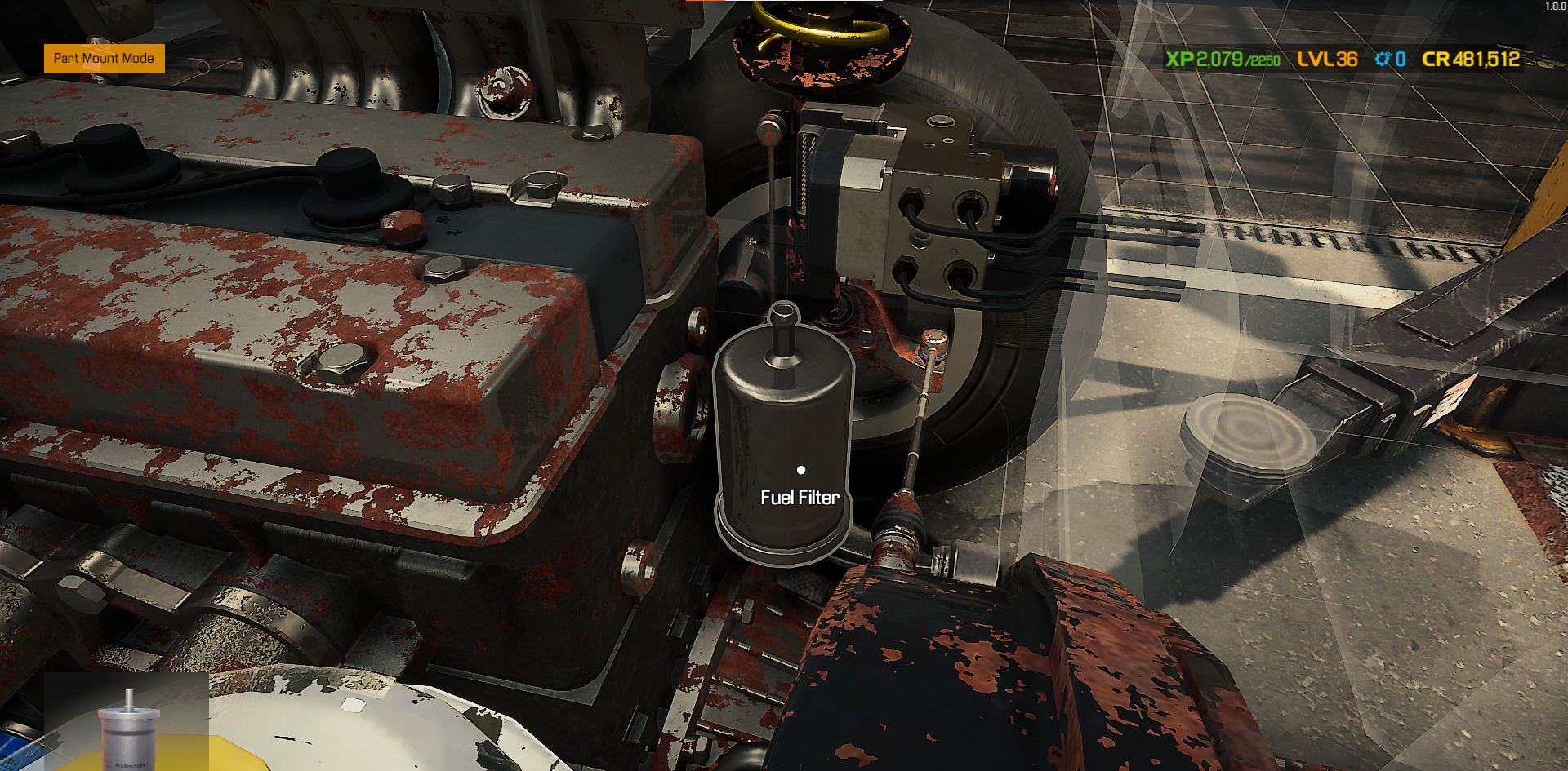 A screenshot showing the new fuel filter mounted in the engine in Car Mechanic Simulator