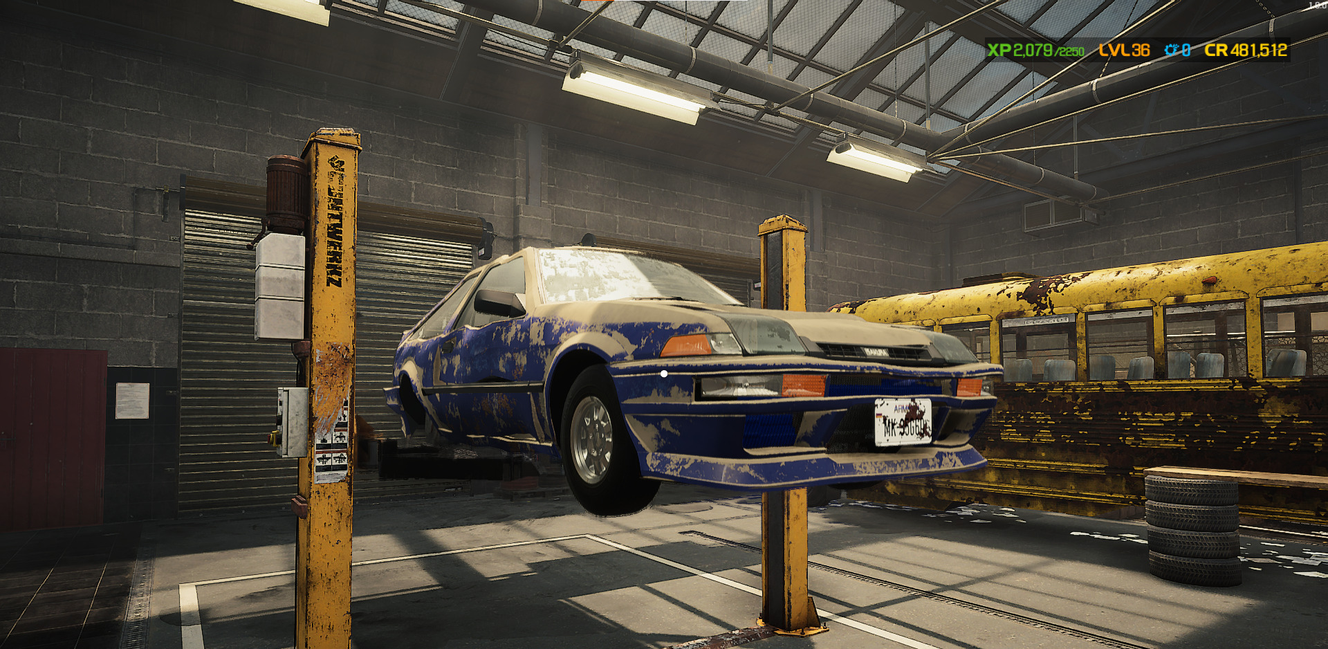 A screenshot showing a car on the Car Lift in Car Mechanic Simulator