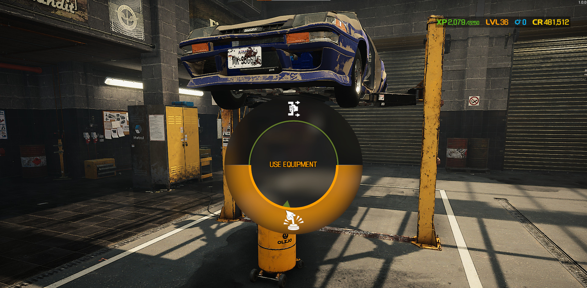 A screenshot showing the use equipment command in Car Mechanic Simulator