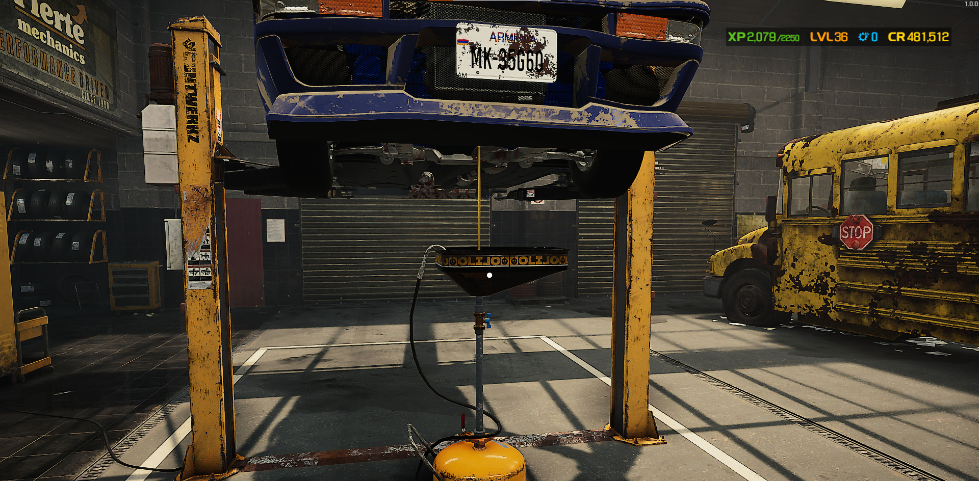 A screenshot showing the oil drain tool below a car in Car Mechanic Simulator