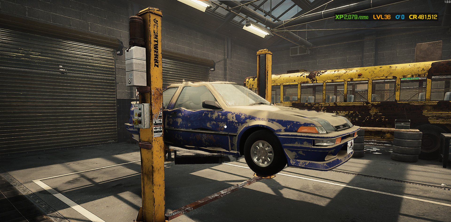 A screenshot showing the car being lowered on the car lift in Car Mechanic Simulator 