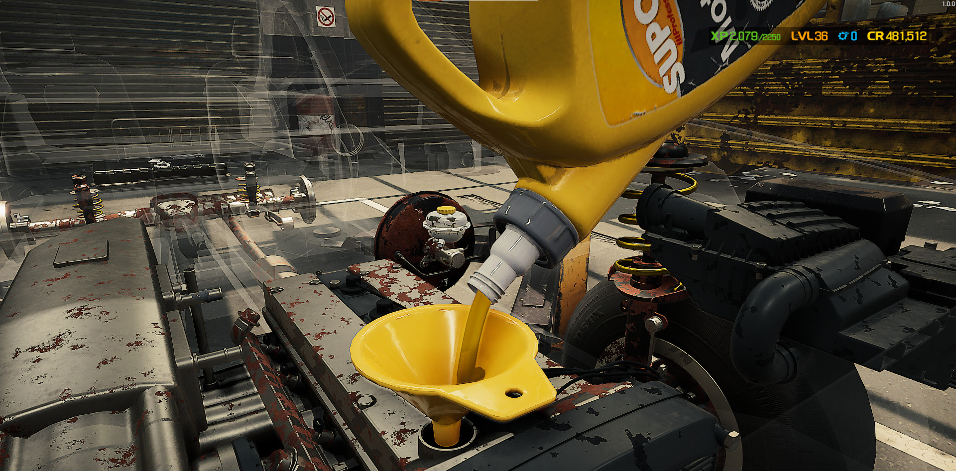 Fill the engine with new oil until it is full to complete oil drain jobs in Car Mechanic Simulator. 