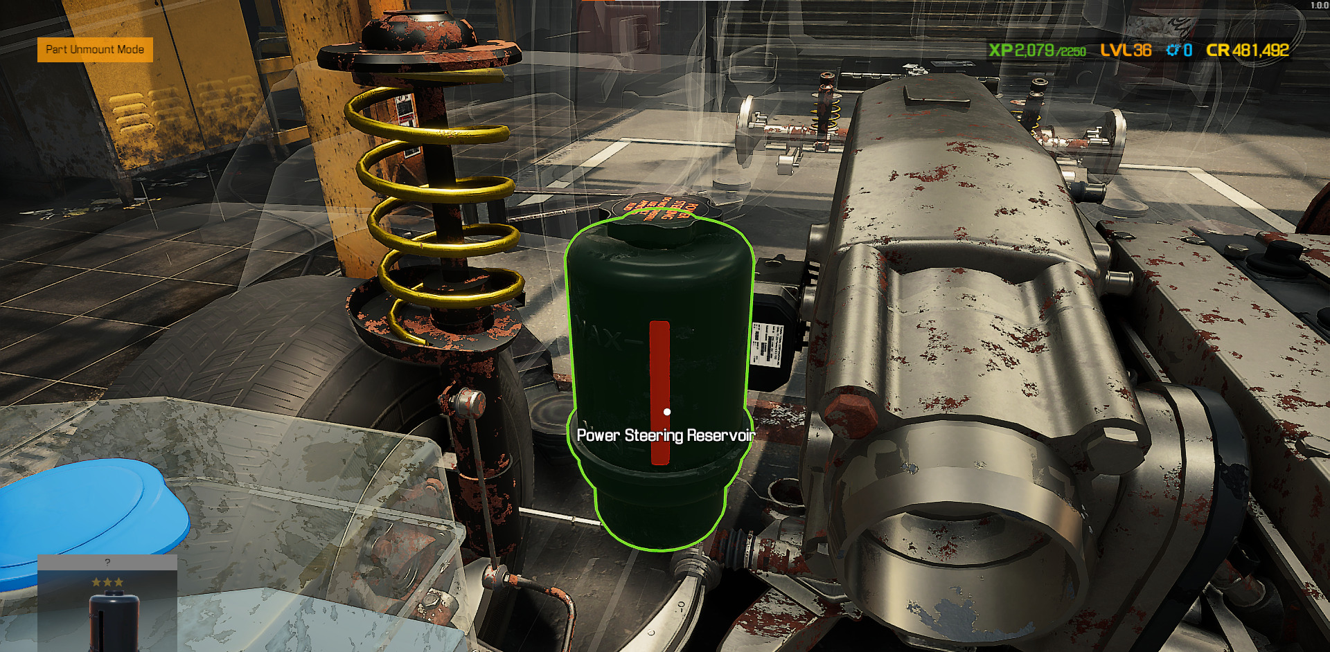 A screenshot showing the Power Steering Reservoir selected in Car Mechanic Simulator