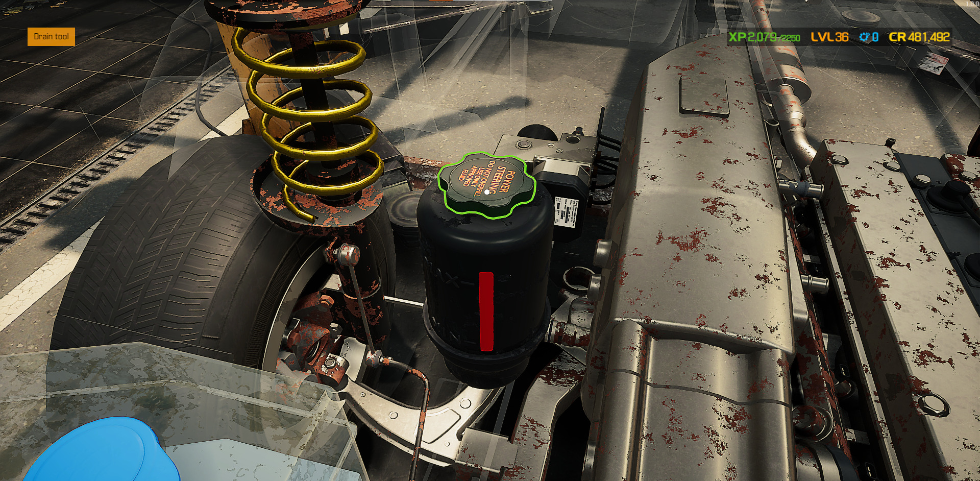 Drain the oil fluid from their reservoir using the Drain Tool in Car Mechanic Simulator. 