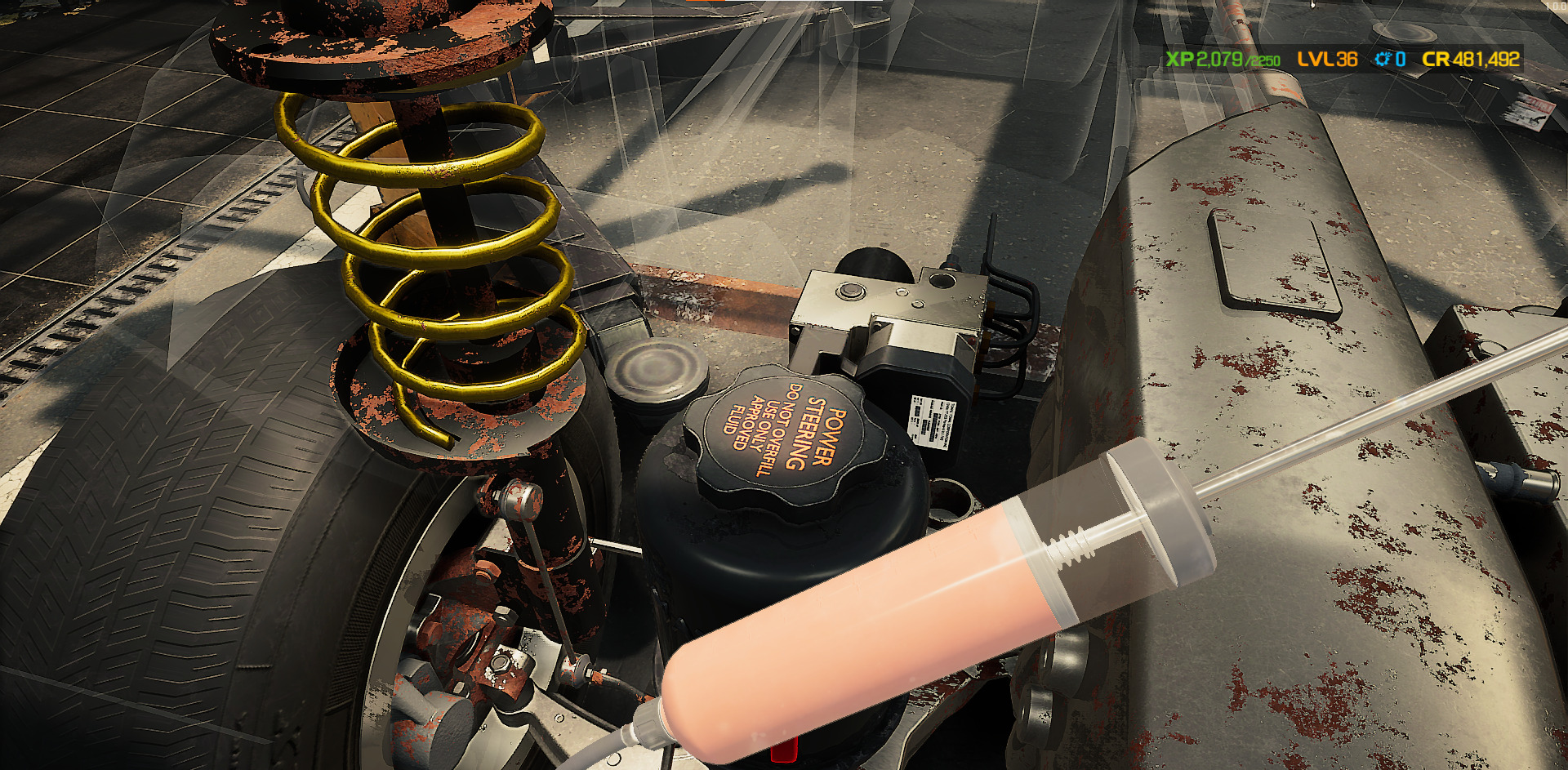 A screenshot showing the player draining the fluid from the reservoir in Car Mechanic Simulator