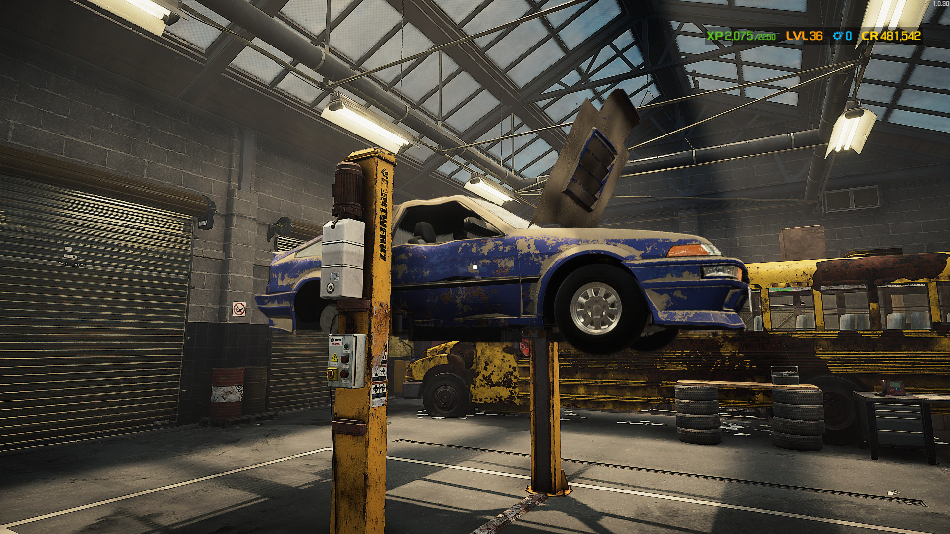 A screenshot showing the lift lifted up in Car Mechanic Simulator