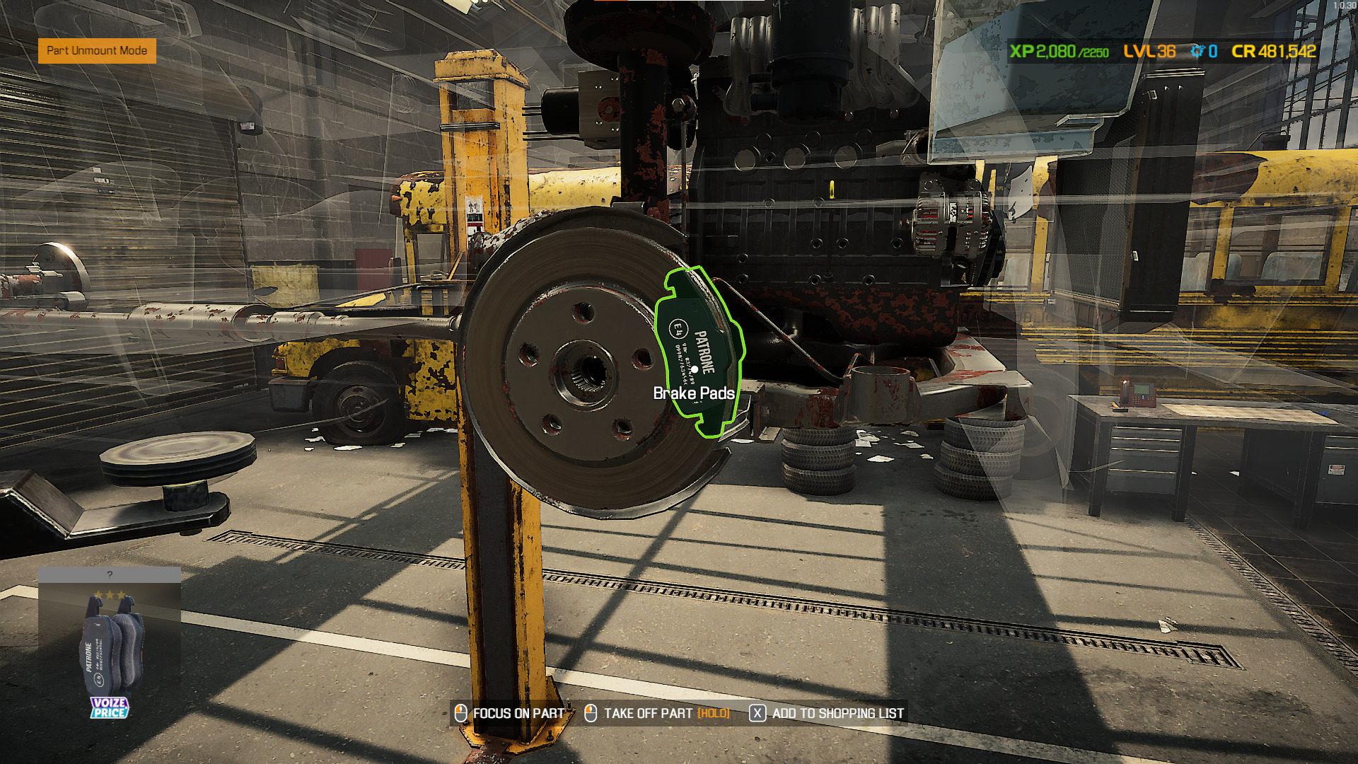 A screenshot showing how to remove the brake pads in Car Mechanic Simulator