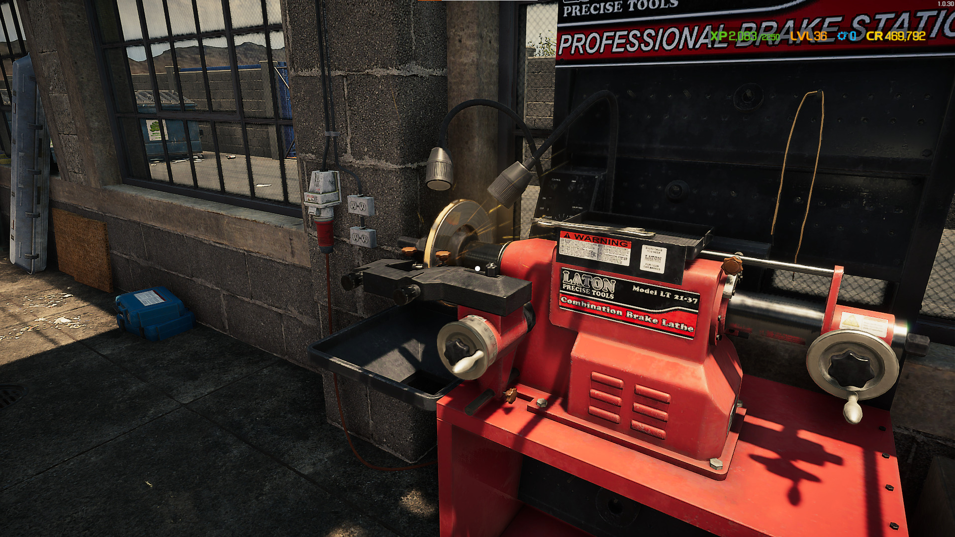 A screenshot showing the Brake Lathe machine repairing the brake disc in Car Mechanic Simulator