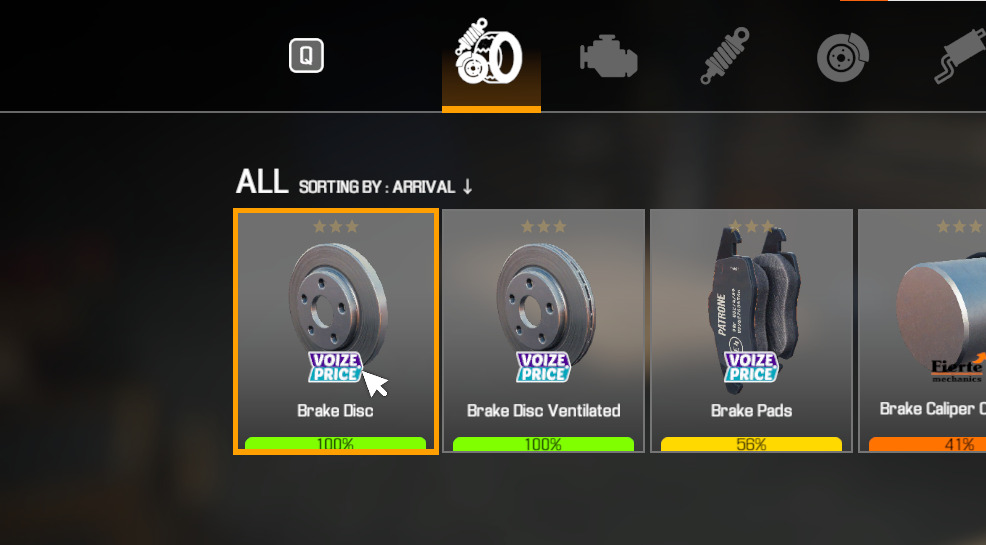 A screenshot showing a brake disc at 100% after being repaired in Car Mechanic Simulator