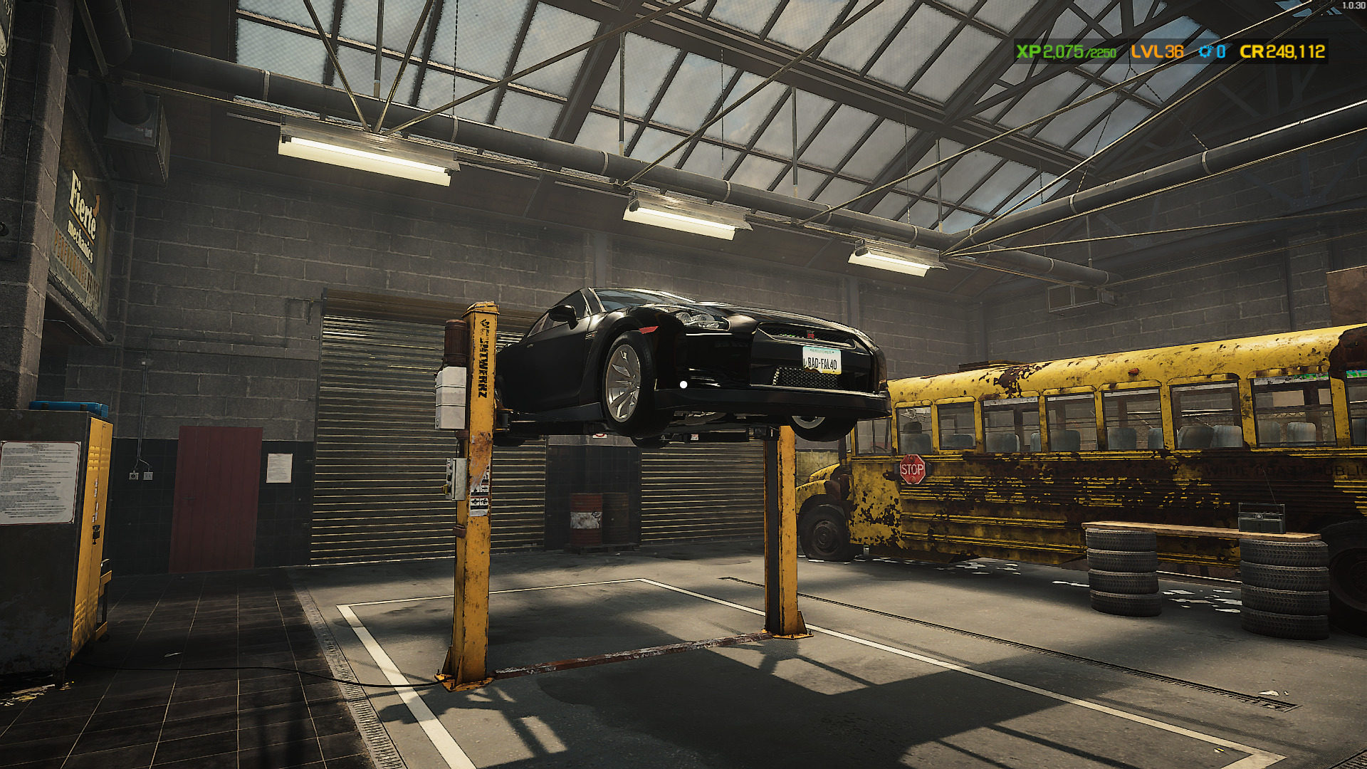 A screenshot showing the lift fully lifted up in Car Mechanic Simulator