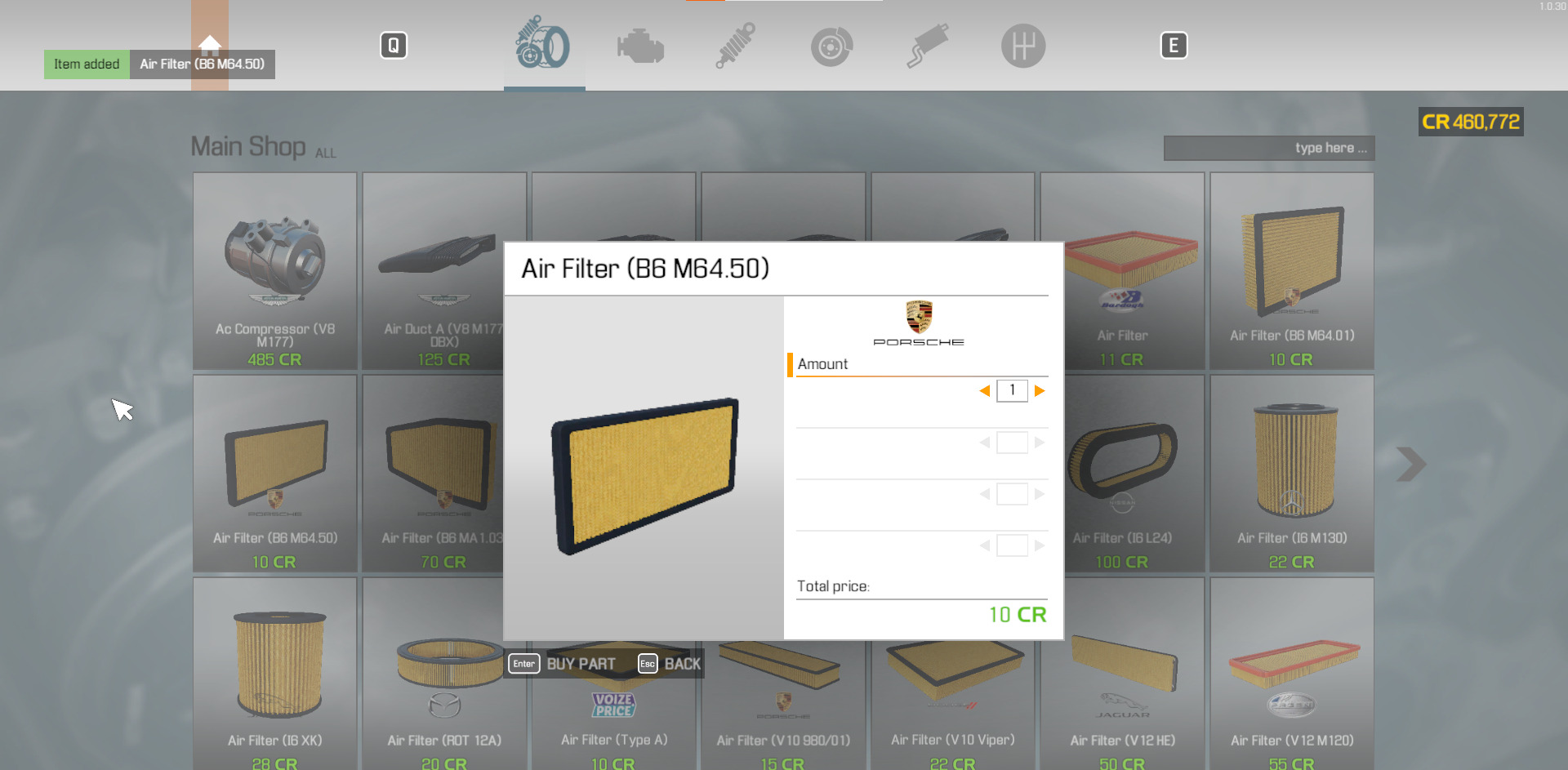 A close up screenshot of one of the air filters for purchase in Car Mechanic Simulator