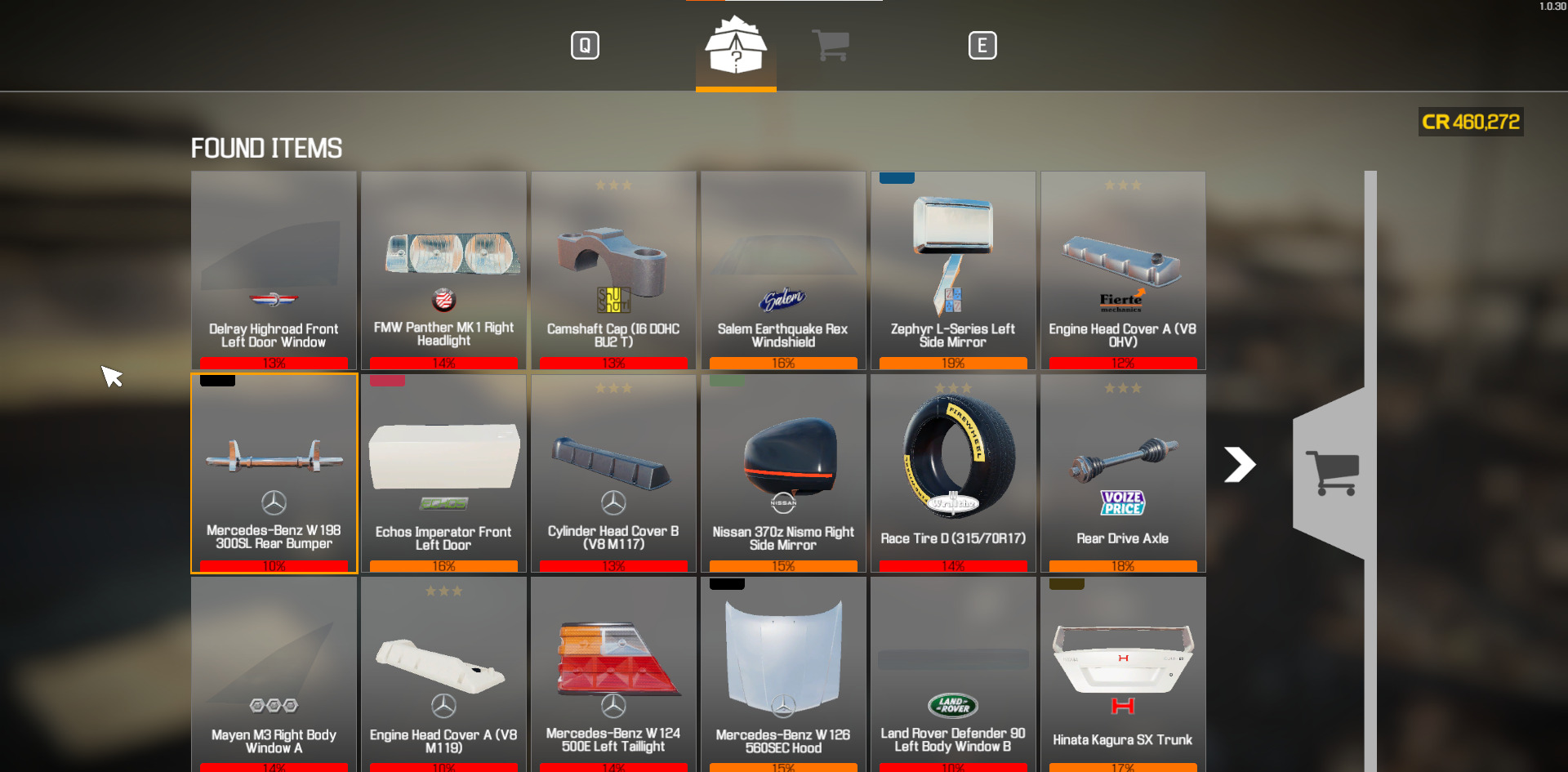 A screenshot of a shop with items found in the Car Mechanic Simulator Junkyard