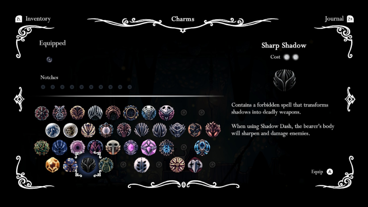 A screenshot of the Sharp Shadow Charm in the Charms screen.