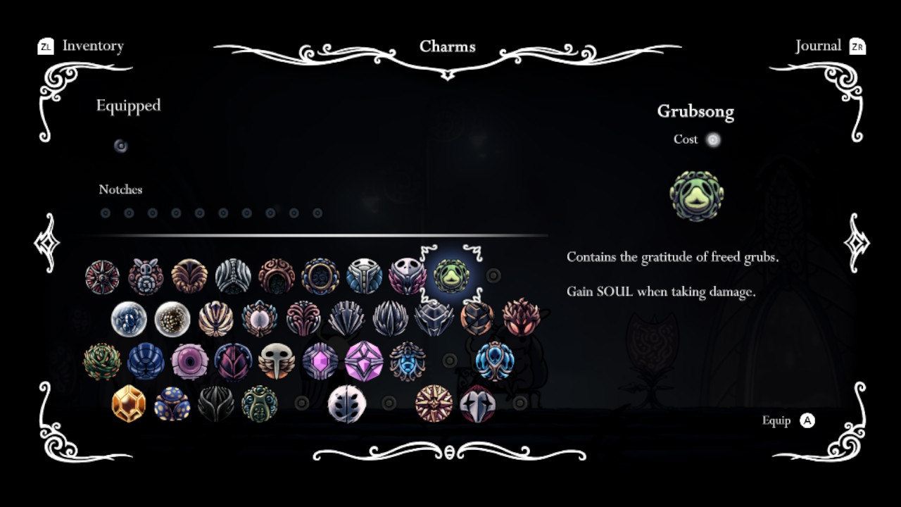 A screenshot of the Grubsong Charm in the Charms screen.