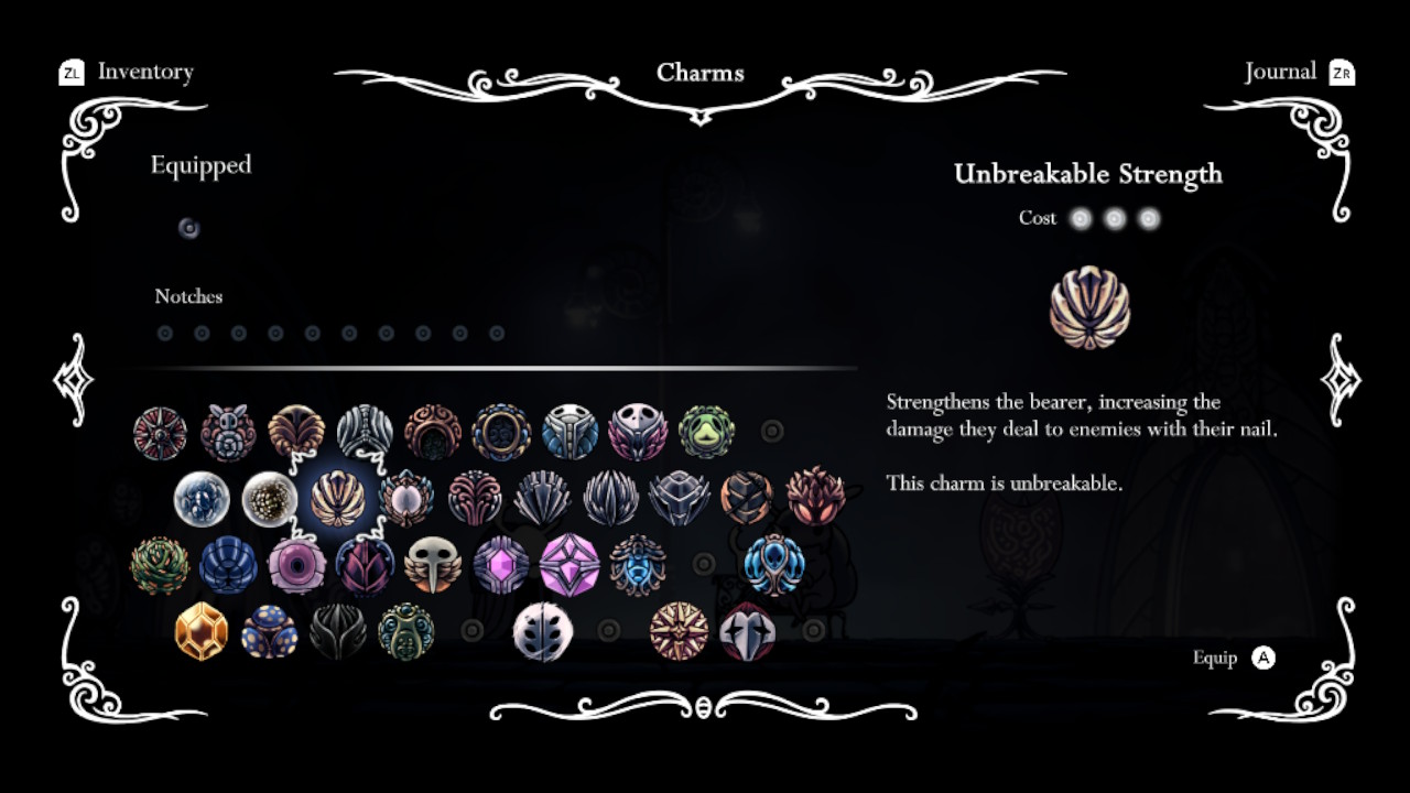 A screenshot of the Unbreakable Strength Charm in the Charms screen.