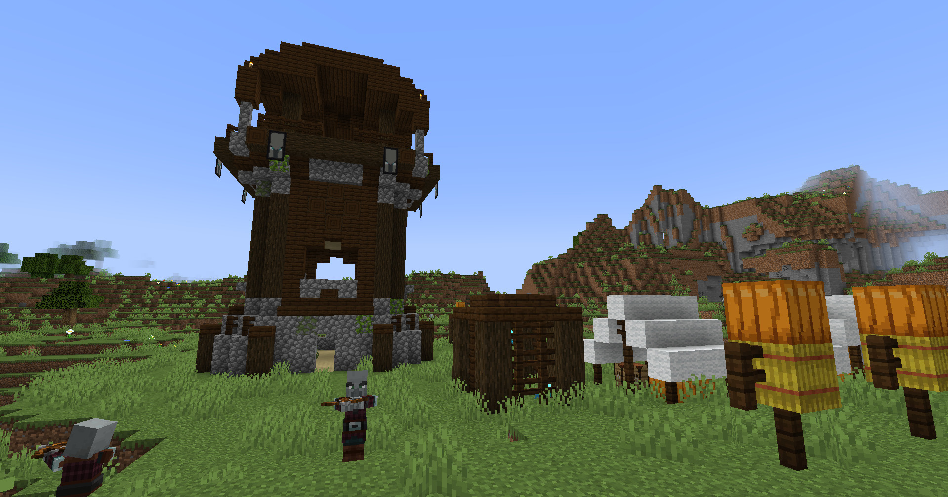 A screenshot showing a pillager tower in Minecraft