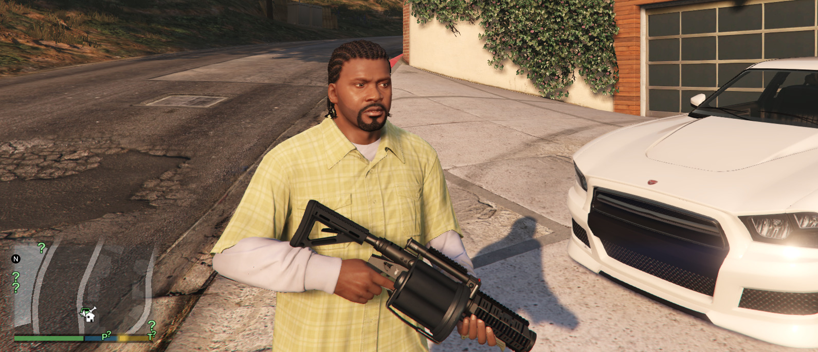 A screenshot showing a GTA 5 character holding a weapon
