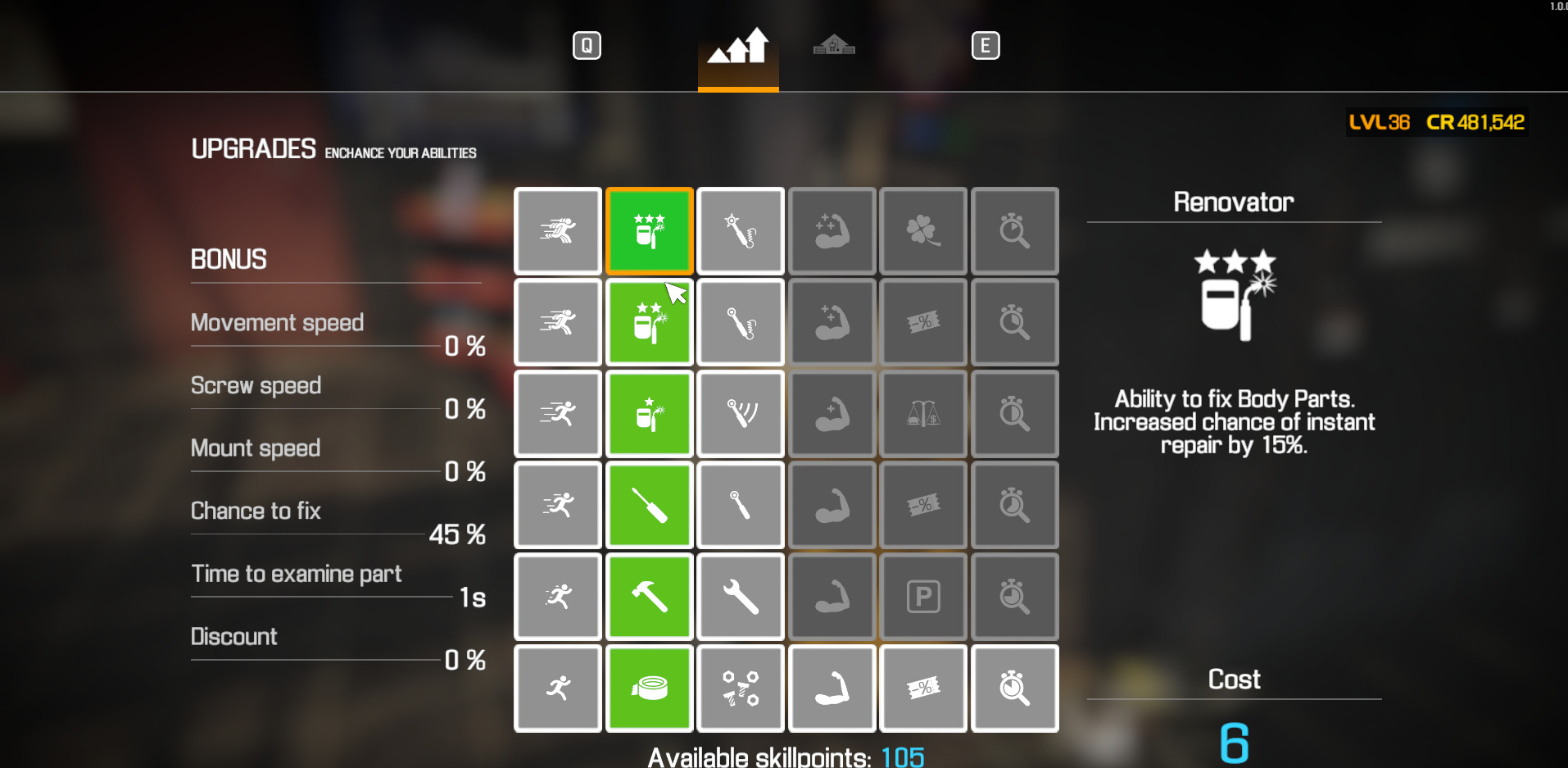 A screenshot showing the various upgrades that you can purchase to improve your abilities in Car Mechanic Simulator
