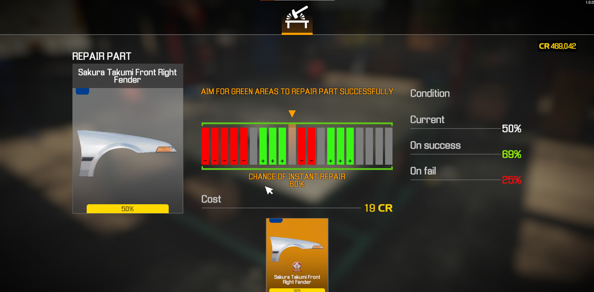 A screenshot showing the repair process for repairing a damaged body part in Car Mechanic Simulator