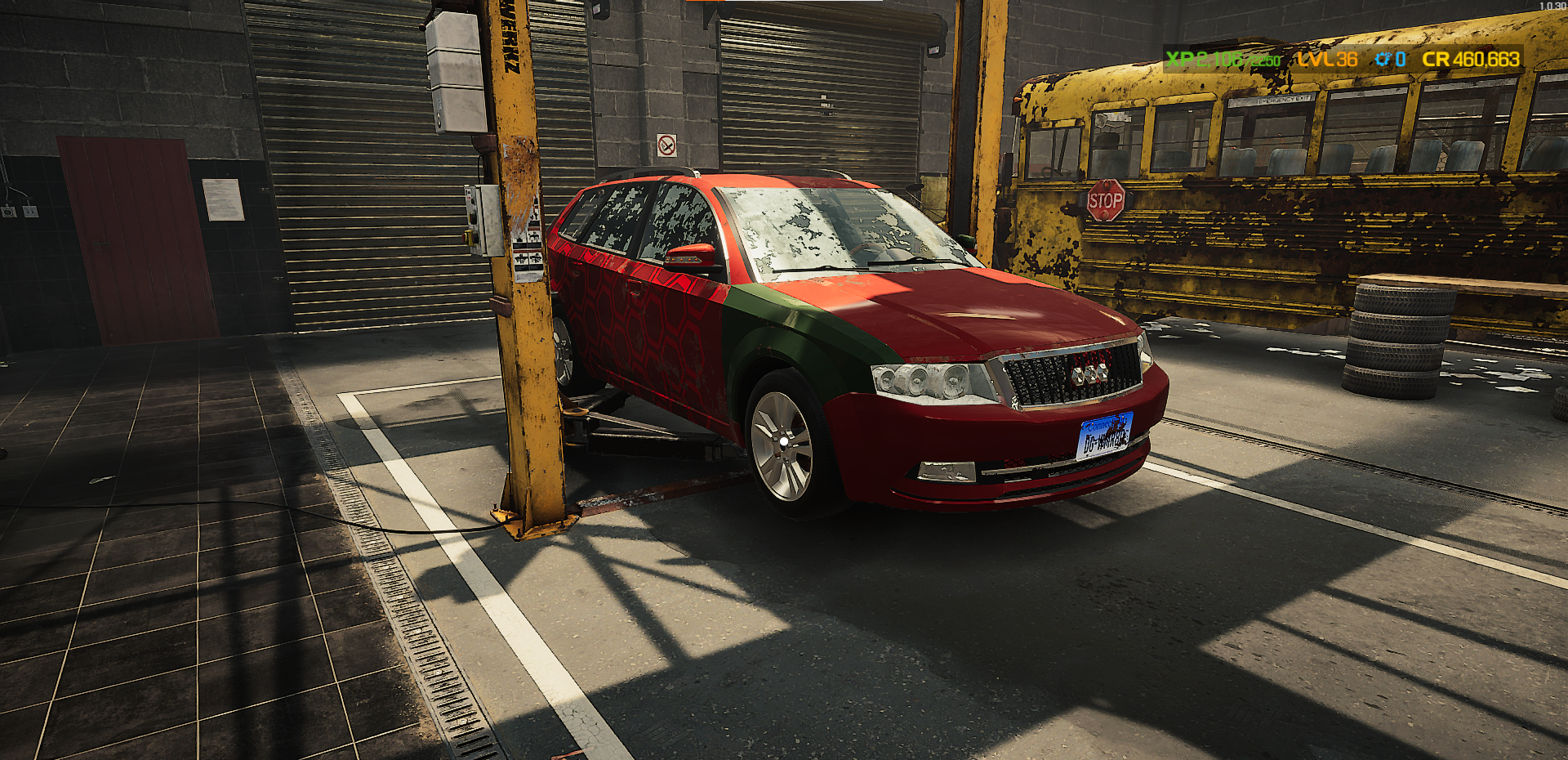 A screenshot of a car on the lift in Car Mechanic Simulator. 