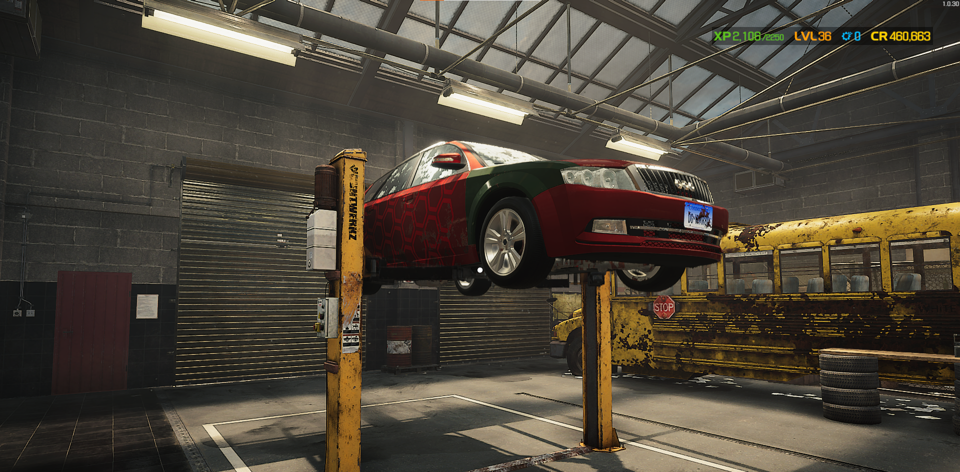 A screenshot of a car raised on the lift in Car Mechanic Simulator. 