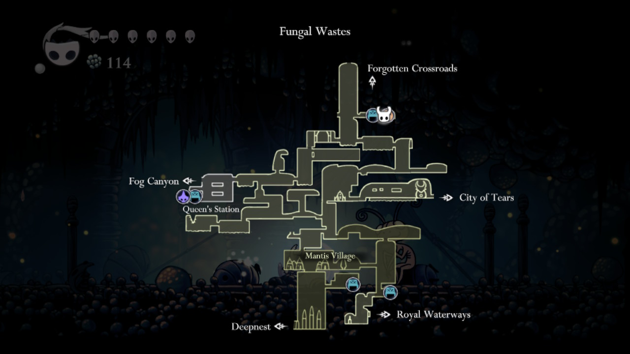 Screenshot of the player's map in Hollow Knight, showing where to go for the Fragile Strength charm